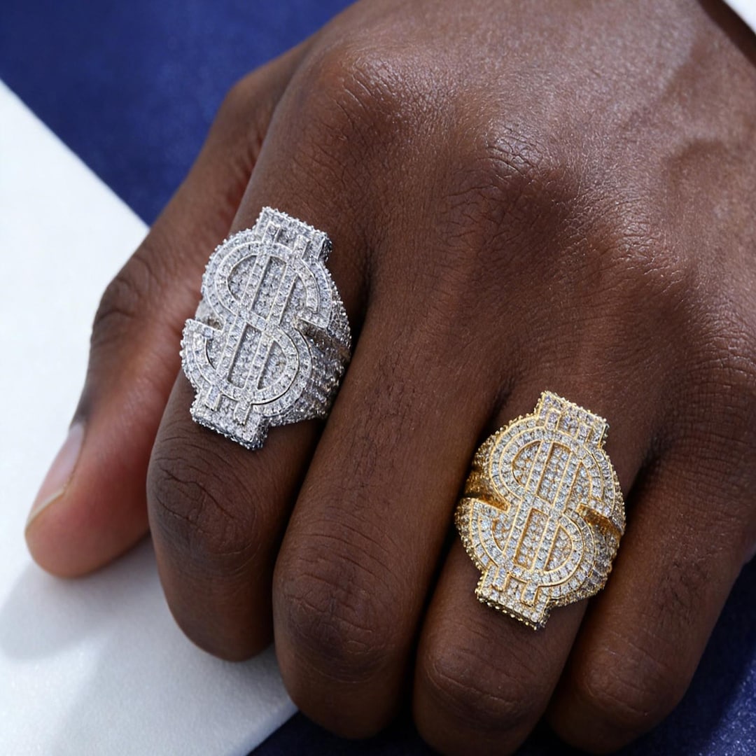 Iced Out CZ Diamond Dollar Sign Rings, Unisex Hip Hop Jewelry