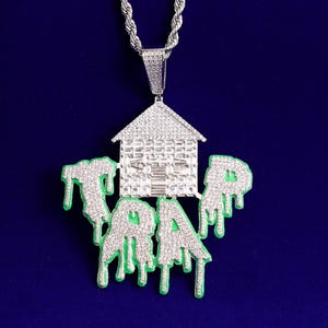 Micro Paved CZ Diamond House Pendant Necklace, Men&#39;s Pendant, House Trap Pendant Chain, Iced Out House Trap Pendant, Bling Hip Hop Jewelry