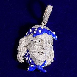Iced Out Blue Enameled Benjamin Face Pendant Chain / Micro Paved Bling Hip-Hop Rapper Pendant / Handmade 3D Pendant Necklace / Gift for Him