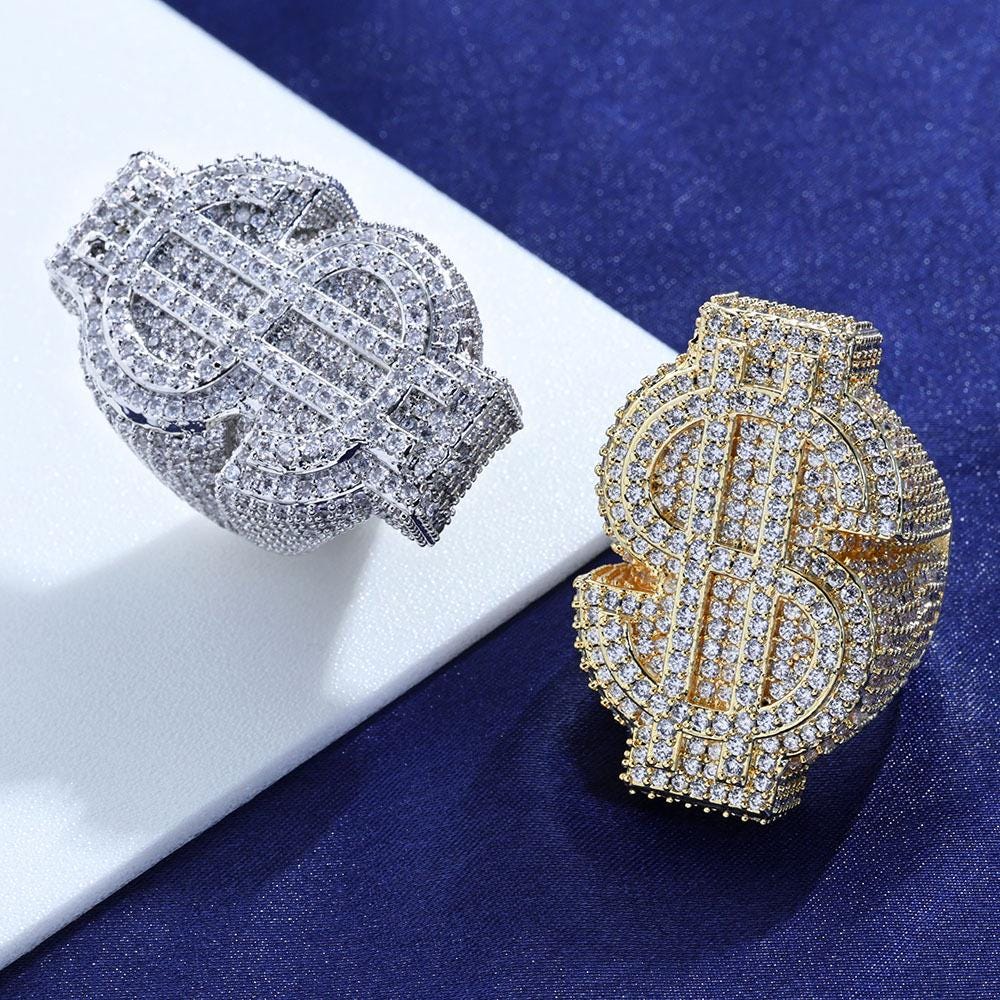 Iced Out CZ Diamond Dollar Sign Rings, Unisex Hip Hop Jewelry, Micro ...