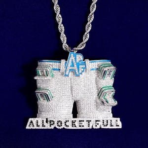 Iced Out &quot;All Pocket Full&quot; Quote Necklace / Micro Pave CZ Diamond Pendant / Bling Hip Hop Jewelry / Men&#39;s Jewelry / Best Wish Gift for Him