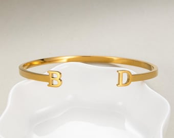 Costom Double Initials Bangle Bracelet, Double Letters Bracelet Adjustable, Women's Cuff Bracelet, Personalized Gift for Bride's Wedding