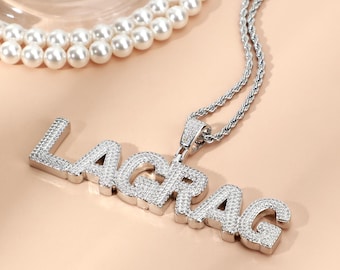 Collier pendentif lettres bulles diamant CZ micro pavé, chaîne nominative personnalisée, plaque signalétique glacée, bijoux hiphop pour garçon