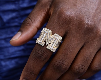 Iced Out CZ Diamond Initial Letters Rings, Unisex Hip Hop Jewelry, Micro Paved Zircon Stones Bling Rings, Rapper Streetwear Gift for Him