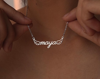 Custom Angel Wings Nameplate Necklace, Wedding Anniversary Keepsake Gift for Wife, Personalised Birthday Gift for Her, Mother's Day Gift