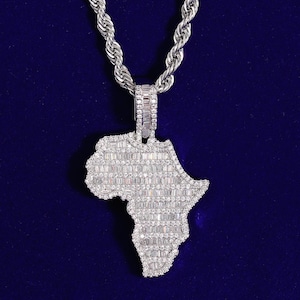 Icy Baguette Diamond Africa Map Pendant, CZ Diamond Africa Charm, Iced Out Africa Map Necklace, Bling Hip-hop Jewery, Gift for Her&Him