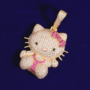 Micro Paved Cute Cartoon Cat Pendant Neckalce, Iced Out Round CZ Stone Cute Kitten Pendant, Ruby Bow Style Kitty Cat Pendant, Gift for Her