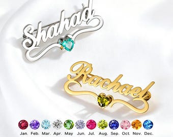 CUSTOM name brooch with birthstone, personalized name badge, name lapel pin, birthday gift for her