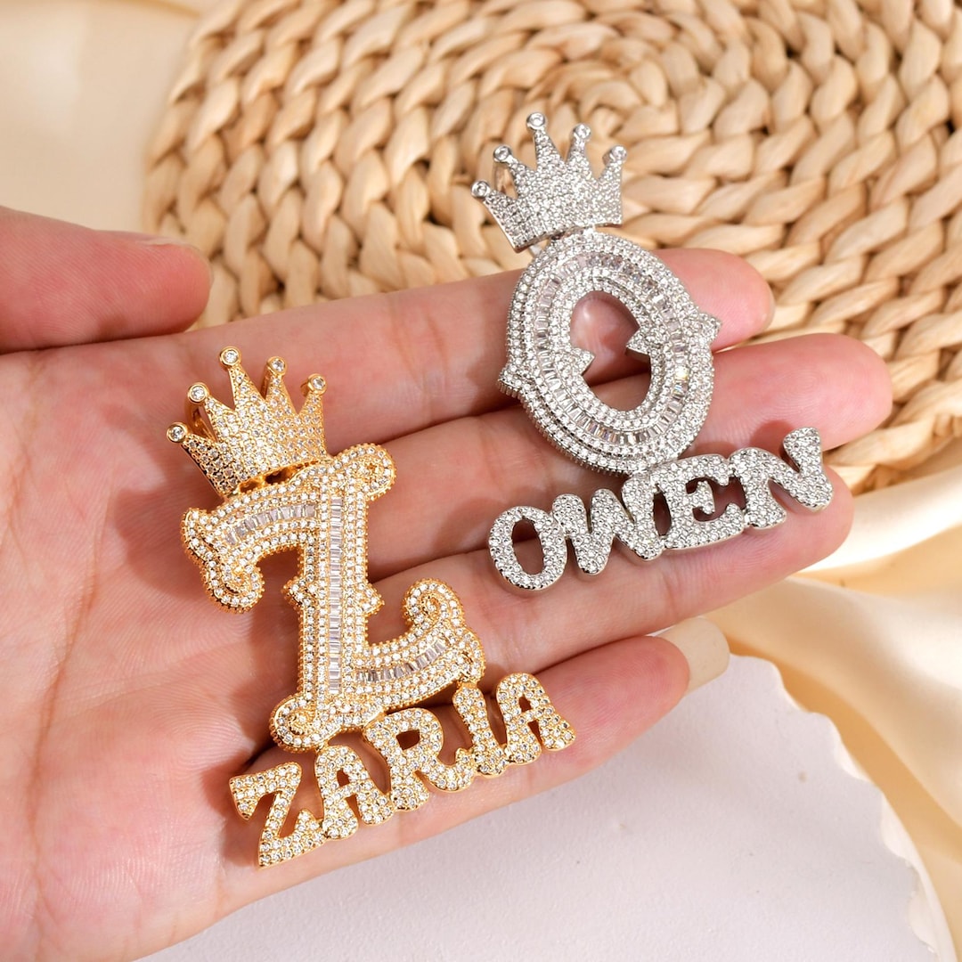 CUSTOM Big Initial Pendant With Name Underneath, Iced Out Crown ...