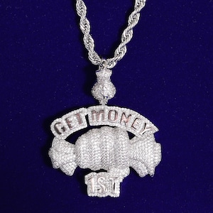 Collana con ciondolo "Get Money First" Iced Out, ciondolo con sacchetto porta soldi micro pavé, ciondolo con sacchetto porta soldi in zirconia e diamanti, collana da uomo, regalo per lui