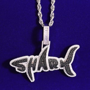 Iced Out Shark Pendant Necklace Gifts for Him, Fantastic Design &quot;SHARK&quot; Letters Pendant, Micro Pave Diamond Shark Charm Hip Hop Jewelry