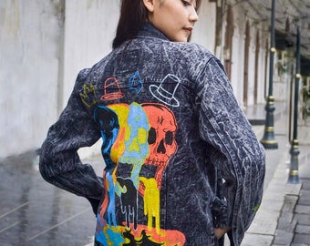 colorfull skull in Jean jacket aesthetic clothing punk rock street art