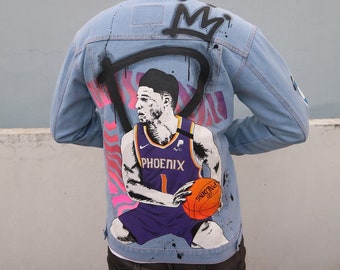 Hand painted basketball devin booker on the phoenix Suns  in Denim Jacket