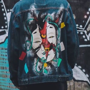 Custom painted mask japanese style grafiti Art Denim jacket aesthetic clothing