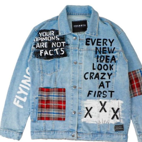 look crazy idea in denim jacket street art aesthetic rock band