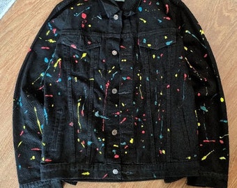 black denim jacket with colorful splashes and stripes street design style