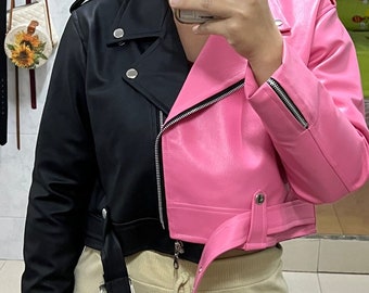 Two Tones Black and pink leather cropped jacket for women street art