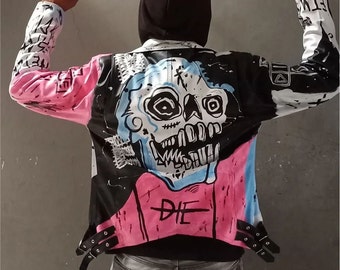 Chaqueta de Cuero con Arte de Lil Peep Inspiración Never Say Die y  Streetwear