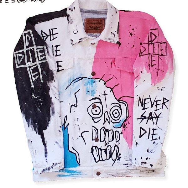 Hand painted lil peep rapper custom in denim jacket street art Never Say Die