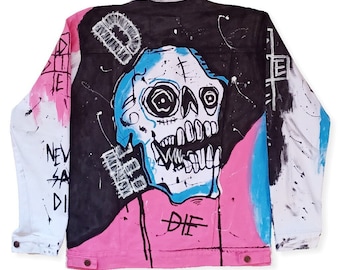 Hand painted lil peep rapper custom in denim jacket street art Never Say Die