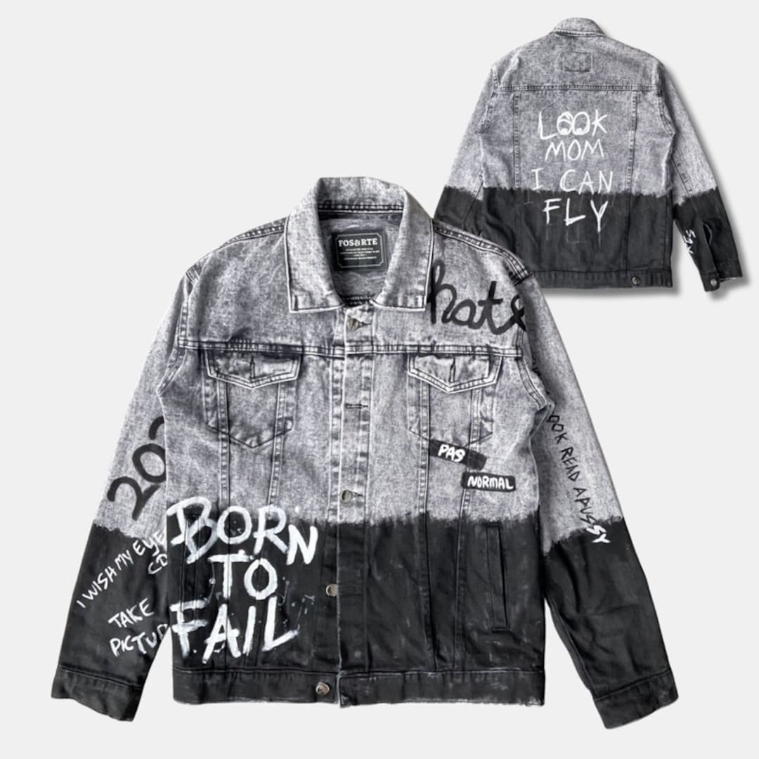 Black And White Denim Jacket 2026.Combine Black and White Denim Jacket Street Art Style Clothing Graffiti ...