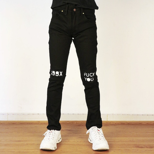 Slim fit jeans street art fuck you denim punk rock aesthetic