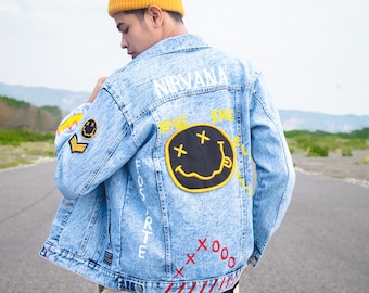 custom nirvana in denim jacket aesthetic clothing punk rock outfits jean jacket