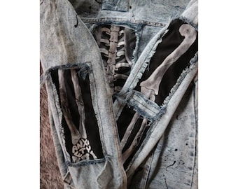 Unleash Your Edgy Side: Hand-Painted Denim Jacket with Aesthetic Bone Art and Ripped Denim Style