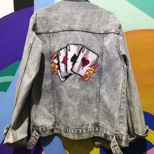 Veste en Jean Vintage - Motif Carte à Jouer, Style Masculin Décontracté