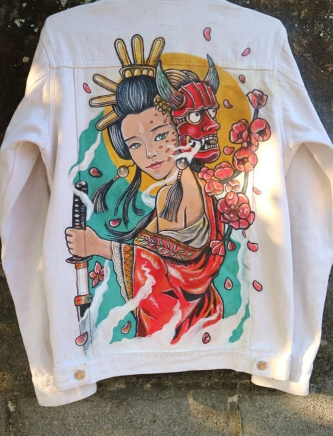 Samurai Onnabugeisha Handpainted White Denim Jacket With Japanese