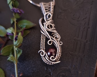 Garnet Pendant in Oxidised Sterling Silver / Sterling Silver Wire Wrap