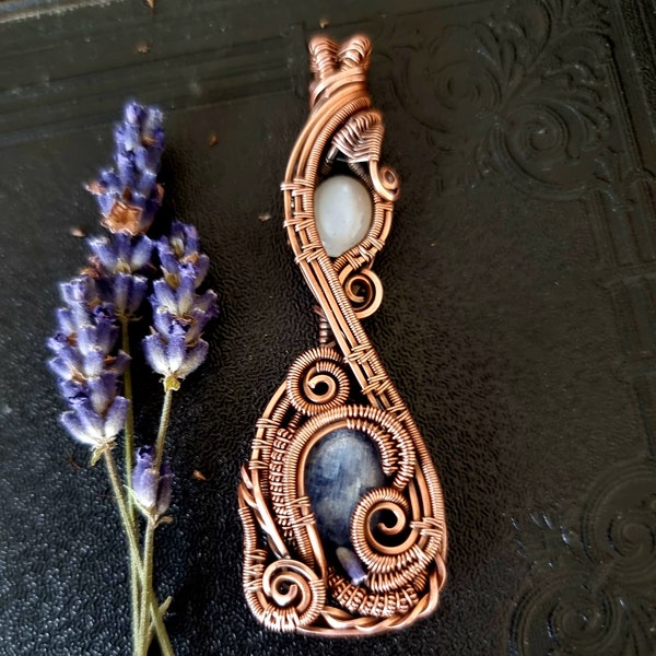 Kyanite Pendant in Oxidised Pure Copper with Moonstone Accent