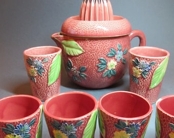 VINTAGE MAJOLICA, pink majolica juicer pitcher and juice glasses with flowers, Japan