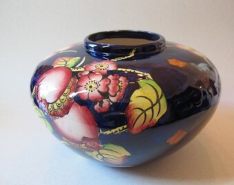 H.J. Wood Burslem, 4.5 x 7 inch Antique Blue Vase with Pomegranates, England (circa 1920)