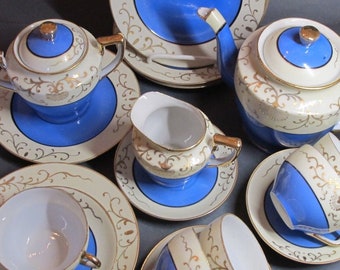 RS, fine blue, yellow and gold porcelain tea set made in Japan circa 1940