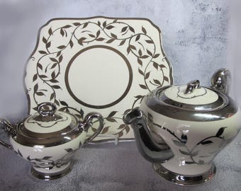 Myott and Son, Art Deco Old Silver Lustre Hand Painted Dinnerware (WITH DEFECTS) (1505 F), England, circa 1945