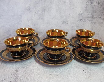 Legle Art Porcelain, 6 sets of mocha cups and saucers in oven blue and gold, Limoges France (1960)