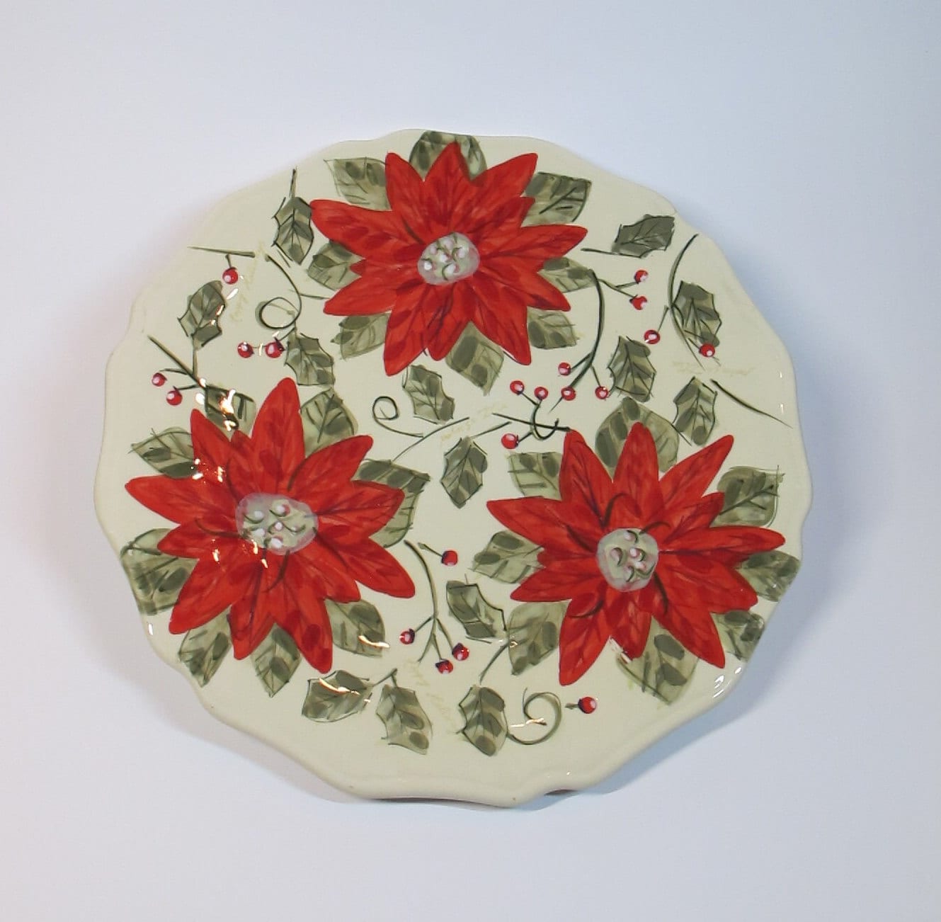 GIBSON, Large Christmas Plate Decorated With Handpainted Poinsettias