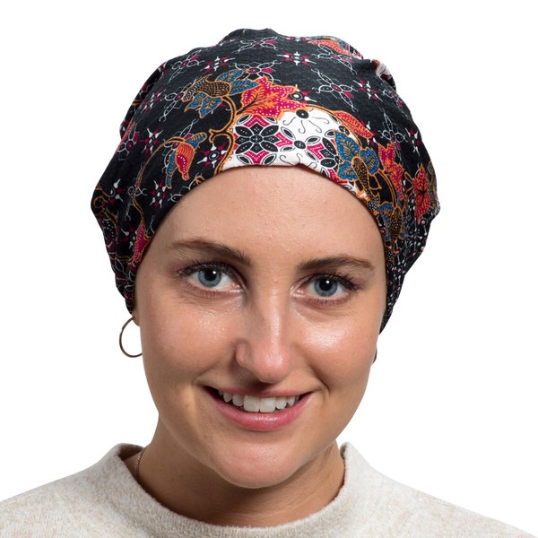 Women's Baggy Chemotherapy Beanie - Batik Print Ponytail Beanie - Soft Materials