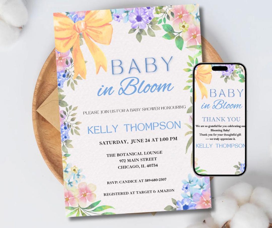 Baby in Bloom Blue Invitation & Thank You Card Set, Floral Baby Shower ...