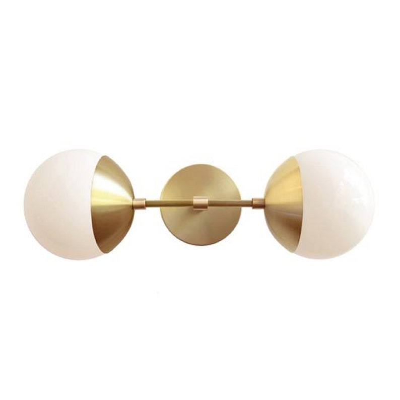 Brass Double Wall Light Modern Brass Double Arm White Glass Globe Shade Wall Sconce