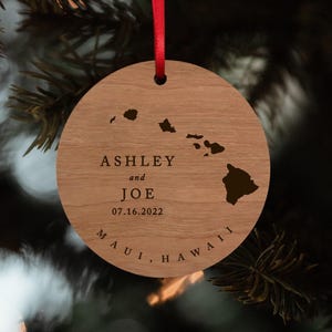 Personalized Hawaii Christmas Ornament: Engraved Wooden Travel Keepsake