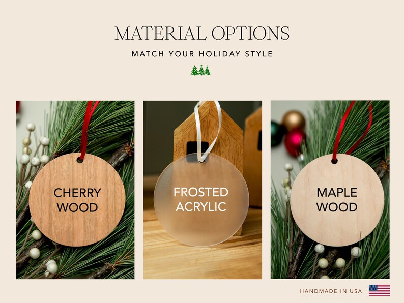 three different types of wooden ornaments hanging on a pine branch, each with a unique label indicating the material used.
