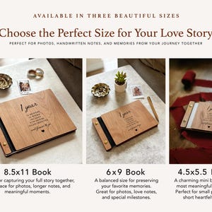 May include: Wooden photo albums in three sizes: 8.5x11, 6x9, and 4.5x5.5 inches. Each album features a wooden cover with the text "1 year" and a heartfelt message. The albums are designed for photos, notes, and memories.