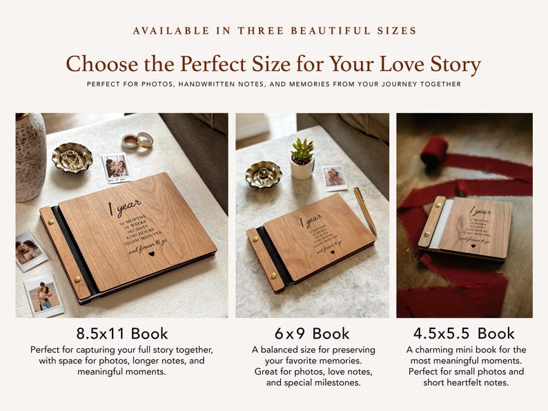May include: Wooden photo albums in three sizes: 8.5x11, 6x9, and 4.5x5.5 inches. Each album features a wooden cover with the text "1 year" and a heartfelt message. The albums are designed for photos, notes, and memories.
