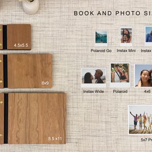 a variety of book and photo sizes, including 4.5 x 5.5, 6 x 9, Instax Mini, Instax Square, Instax Wide, Polaroid, Polaroid Go, Instax Wide-Polaroid, and 5 x 7 Print. The image also includes several photos, including a group of people and a couple, as well as a pen and a vase.
