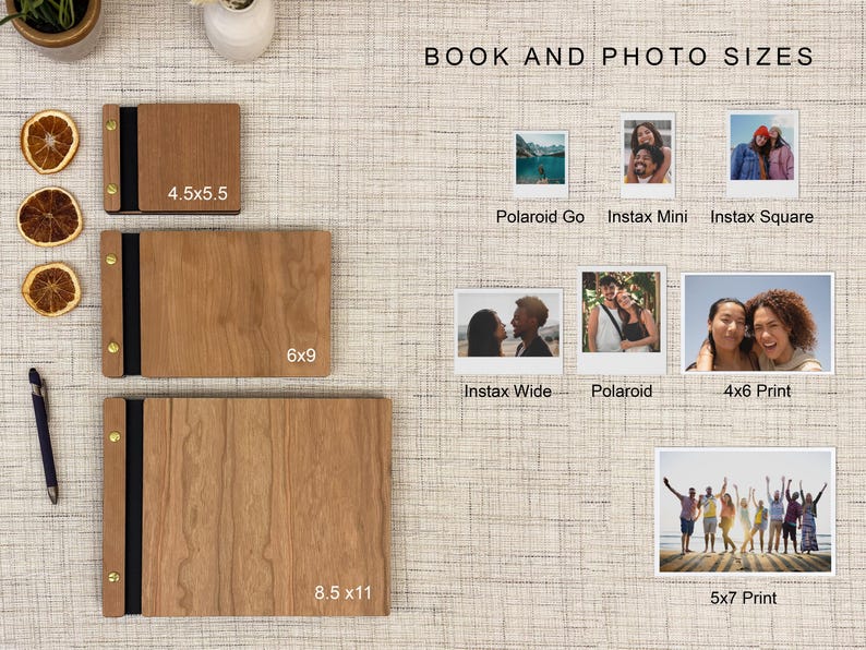 a variety of book and photo sizes, including 4.5 x 5.5, 6 x 9, Instax Mini, Instax Square, Instax Wide, Polaroid, Polaroid Go, Instax Wide-Polaroid, and 5 x 7 Print. The image also includes several photos, including a group of people and a couple, as well as a pen and a vase.