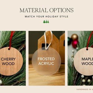 three different types of wooden ornaments hanging on a pine branch, each with a unique label indicating the material used.
