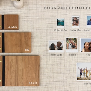 a variety of book and photo sizes, including 4.5 x 5.5, 6 x 9, Instax Mini, Instax Square, Instax Wide, Polaroid, Polaroid Go, Instax Wide-Polaroid, and 5 x 7 Print. The image also includes several photos, including a group of people and a couple, as well as a pen and a vase.