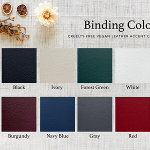 May include: Image showcasing a color chart of vegan leather accent colors. The chart displays eight square swatches in various colors: black, ivory, forest green, white, burgundy, navy blue, gray, and red. Text at the top reads "Binding Colors".